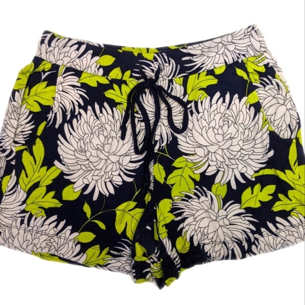 CAbi No Sweat shorts, navy blue, chartreuse yellow, grey/white, 4" inseam XS